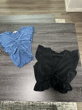 Fancyinn Black Ruffled Wrap Crop Top with Blue Ruched Tee